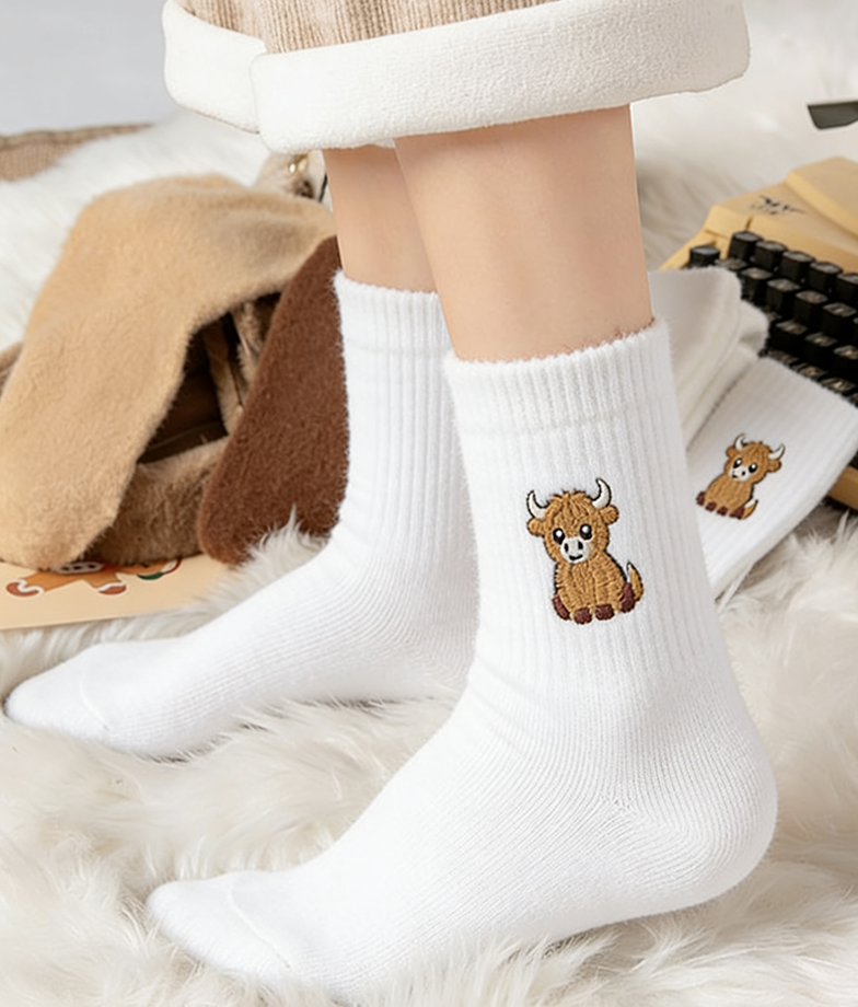 🎁Neujahrs-Sonderangebot für 9,99 £!!⚡1 kaufen, 3 Paar erhalten⚡Über 50.000 verkauft!💖Kuschelige, warme Plüschsocken für Damen mit niedlicher Highland-Cow-Stickerei
