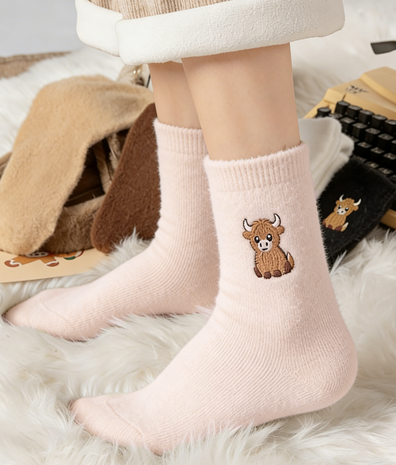 🎁Neujahrs-Sonderangebot für 9,99 £!!⚡1 kaufen, 3 Paar erhalten⚡Über 50.000 verkauft!💖Kuschelige, warme Plüschsocken für Damen mit niedlicher Highland-Cow-Stickerei