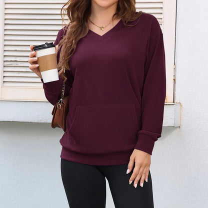 💖Herbst-Sale 2026: 70 % Rabatt✨🍂 Damen-Sweatshirt ohne Kapuze mit V-Ausschnitt, Kängurutasche und langen Ärmeln, locker geschnitten im lässigen Stil
