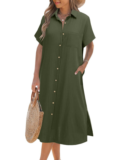 ✨KAUFE 2 – KOSTENLOSER VERSAND✨Kurzärmeliges Damen-Hemdblusenkleid mit Knopfleiste