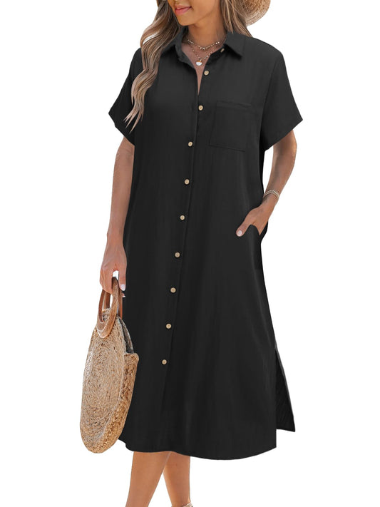 ✨BUY 2 FREE SHIPPING✨Women's Short Sleeve Button-Up Shirt Dress