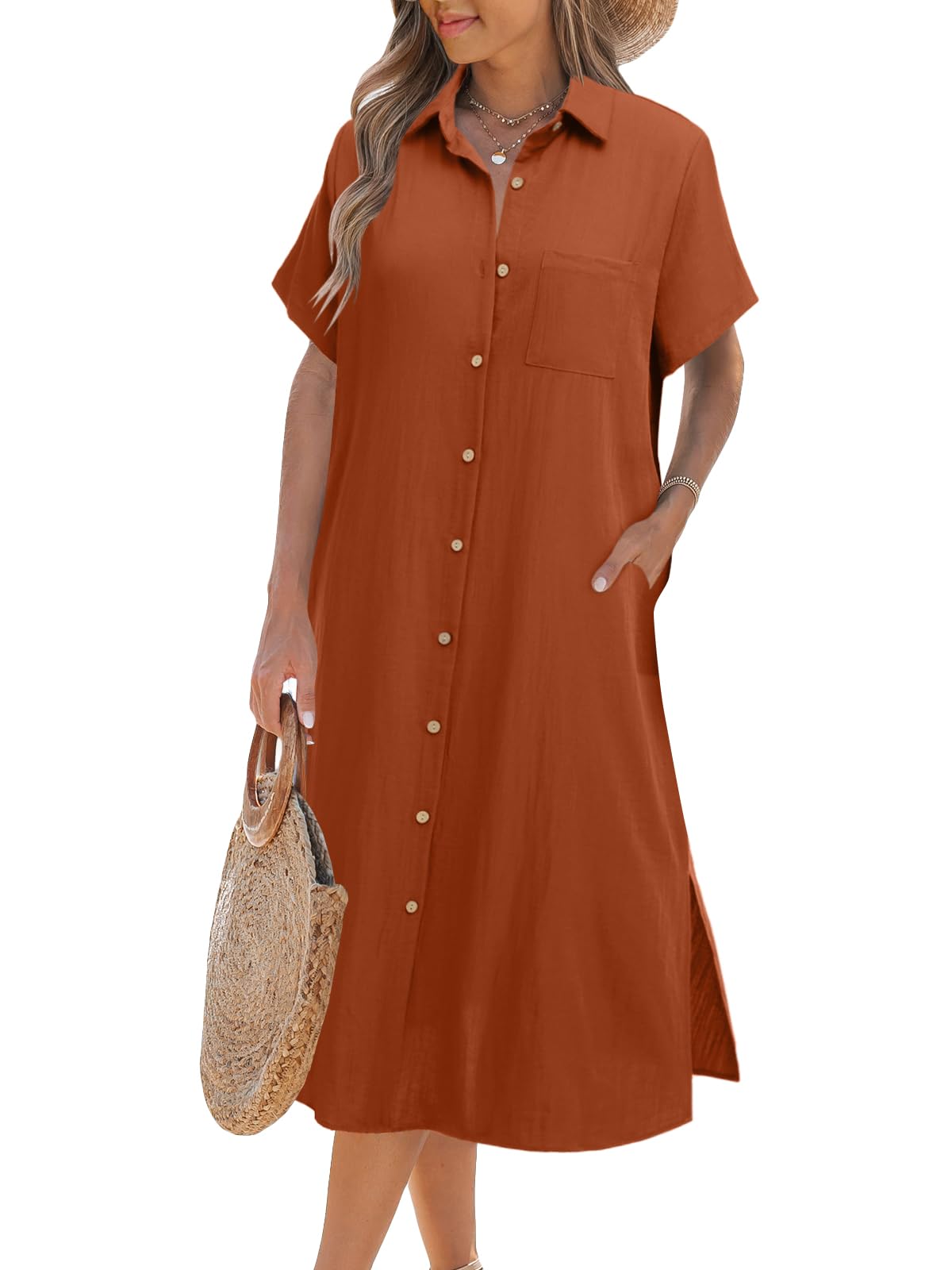 ✨KAUFE 2 – KOSTENLOSER VERSAND✨Kurzärmeliges Damen-Hemdblusenkleid mit Knopfleiste