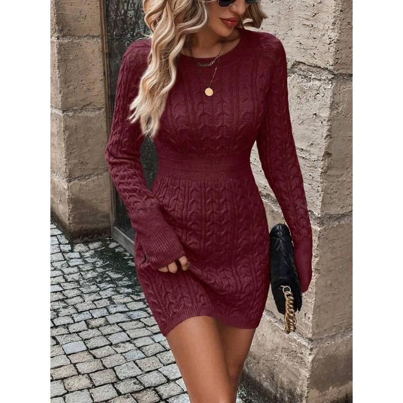 ⏰💃Last Day 50% OFF❄️🖤Women's Winter Plain Round Neck Cable Knit Bodycon Sweater Dress