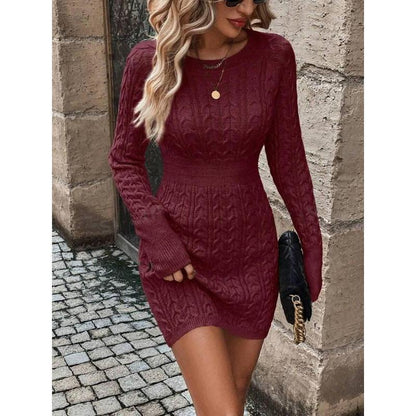 ⏰💃Last Day 50% OFF❄️🖤Women's Winter Plain Round Neck Cable Knit Bodycon Sweater Dress