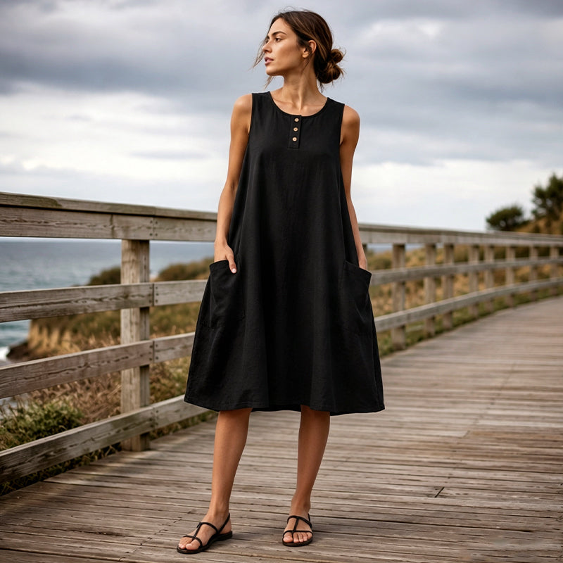 🩷Räumungsverkauf -50% RABATT🌿Ärmelloses lockeres Kleid aus Baumwolle und Leinen mit Taschen